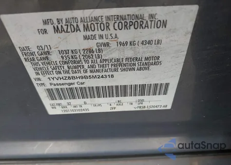 2011 Mazda Mazda6 I Sport z USA, uszkodzony, nr VIN 1YVHZ8BH9B5M24318
